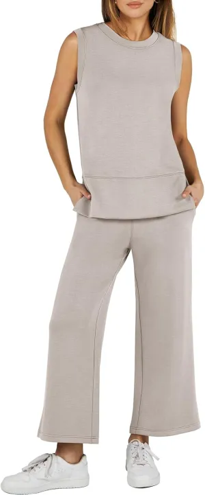 ANRABESS Women's 2 Piece Sets Summer Travel Airplane Outfits Sleeveless Wide Leg Casual Lounge Matching Sweat Set Sweatsuits