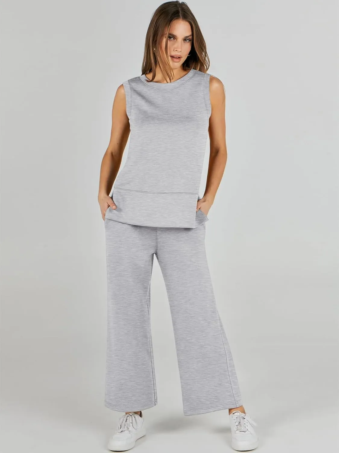 ANRABESS Women's 2 Piece Sets Summer Travel Airplane Outfits Sleeveless Wide Leg Casual Lounge Matching Sweat Set Sweatsuits
