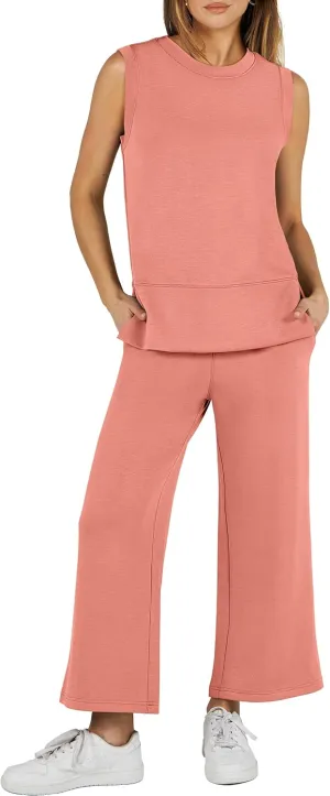 ANRABESS Women's 2 Piece Sets Summer Travel Airplane Outfits Sleeveless Wide Leg Casual Lounge Matching Sweat Set Sweatsuits