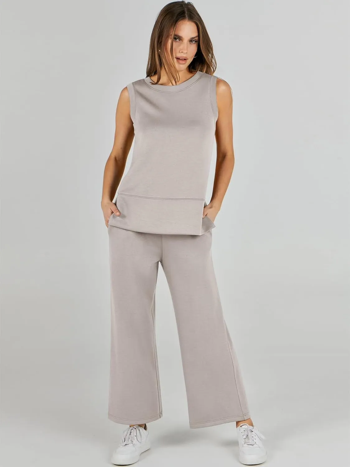 ANRABESS Women's 2 Piece Sets Summer Travel Airplane Outfits Sleeveless Wide Leg Casual Lounge Matching Sweat Set Sweatsuits