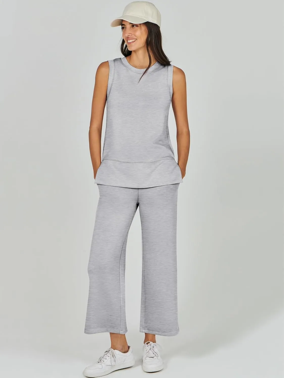 ANRABESS Women's 2 Piece Sets Summer Travel Airplane Outfits Sleeveless Wide Leg Casual Lounge Matching Sweat Set Sweatsuits