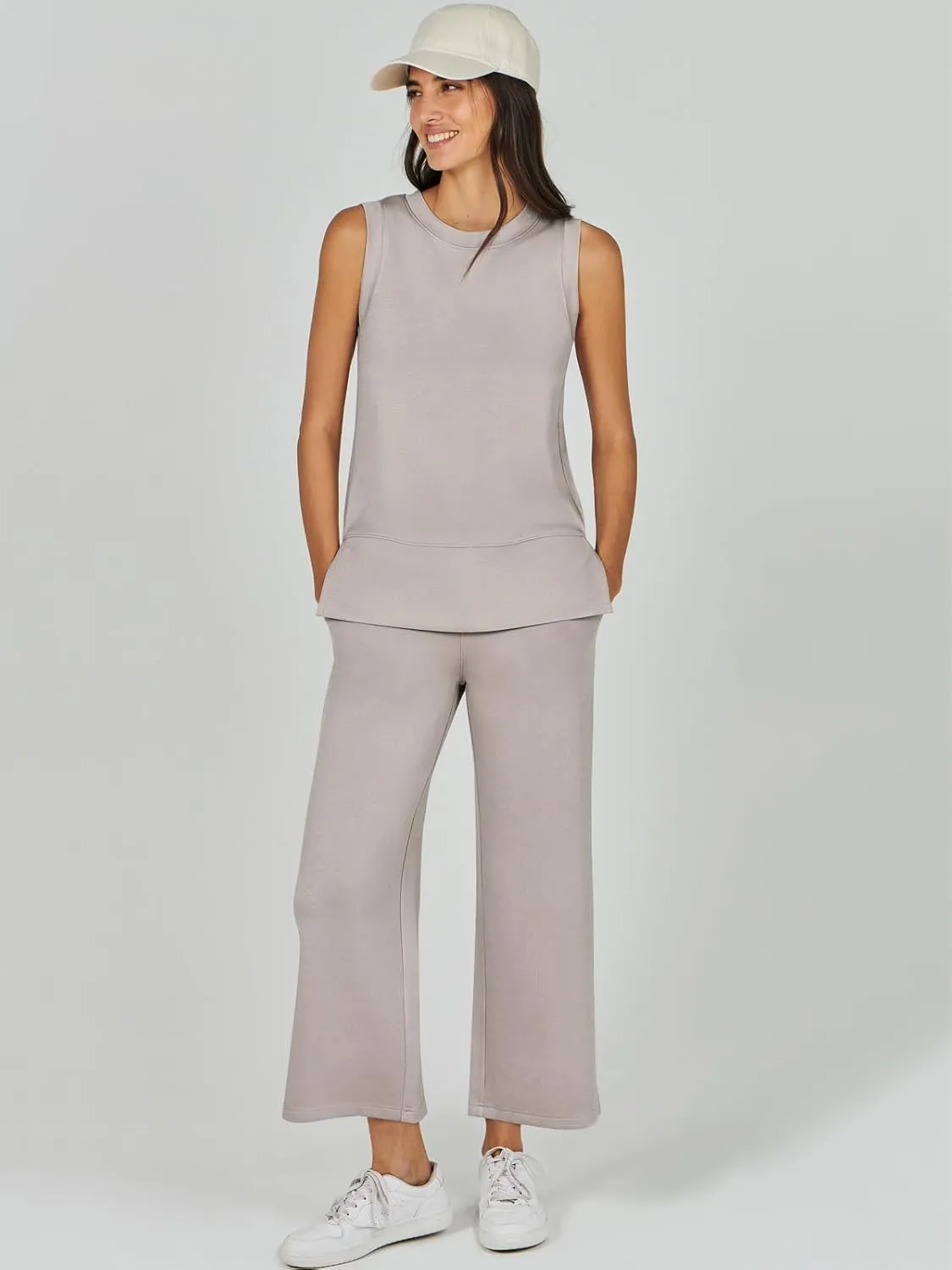 ANRABESS Women's 2 Piece Sets Summer Travel Airplane Outfits Sleeveless Wide Leg Casual Lounge Matching Sweat Set Sweatsuits