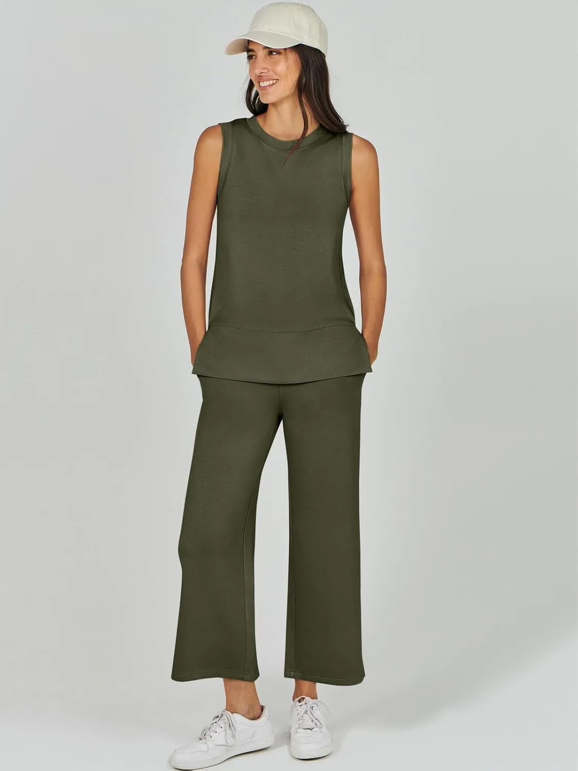 ANRABESS Women's 2 Piece Sets Summer Travel Airplane Outfits Sleeveless Wide Leg Casual Lounge Matching Sweat Set Sweatsuits