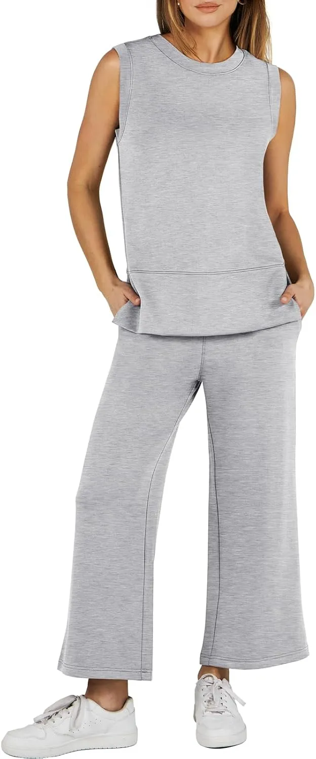 ANRABESS Women's 2 Piece Sets Summer Travel Airplane Outfits Sleeveless Wide Leg Casual Lounge Matching Sweat Set Sweatsuits