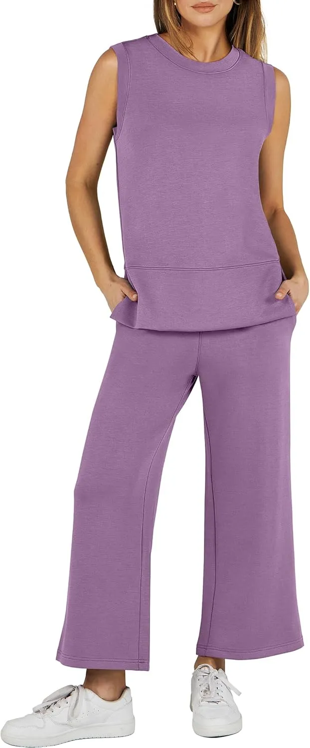 ANRABESS Women's 2 Piece Sets Summer Travel Airplane Outfits Sleeveless Wide Leg Casual Lounge Matching Sweat Set Sweatsuits