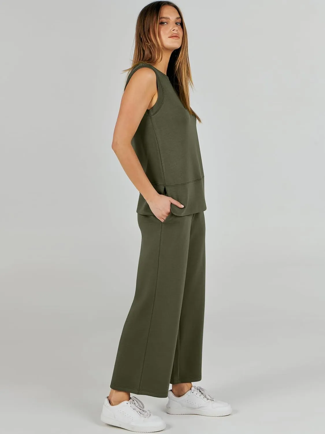 ANRABESS Women's 2 Piece Sets Summer Travel Airplane Outfits Sleeveless Wide Leg Casual Lounge Matching Sweat Set Sweatsuits