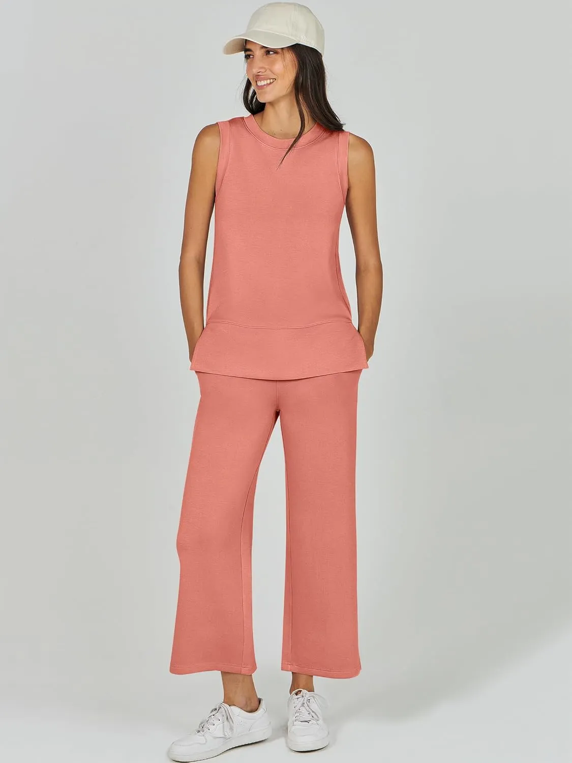 ANRABESS Women's 2 Piece Sets Summer Travel Airplane Outfits Sleeveless Wide Leg Casual Lounge Matching Sweat Set Sweatsuits