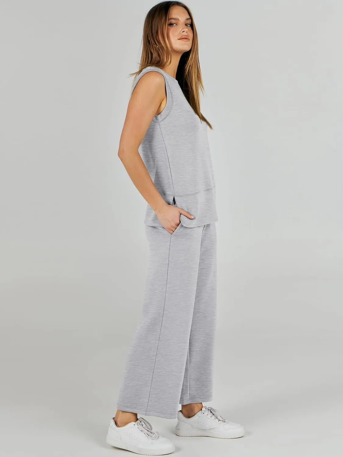 ANRABESS Women's 2 Piece Sets Summer Travel Airplane Outfits Sleeveless Wide Leg Casual Lounge Matching Sweat Set Sweatsuits