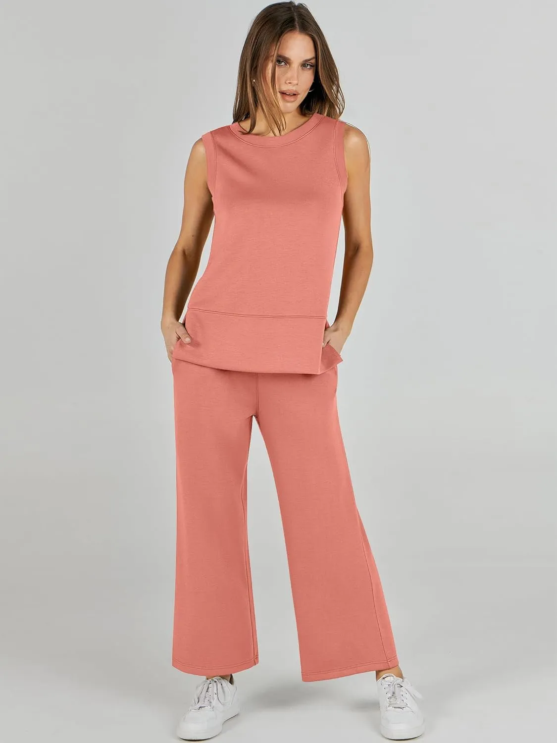 ANRABESS Women's 2 Piece Sets Summer Travel Airplane Outfits Sleeveless Wide Leg Casual Lounge Matching Sweat Set Sweatsuits