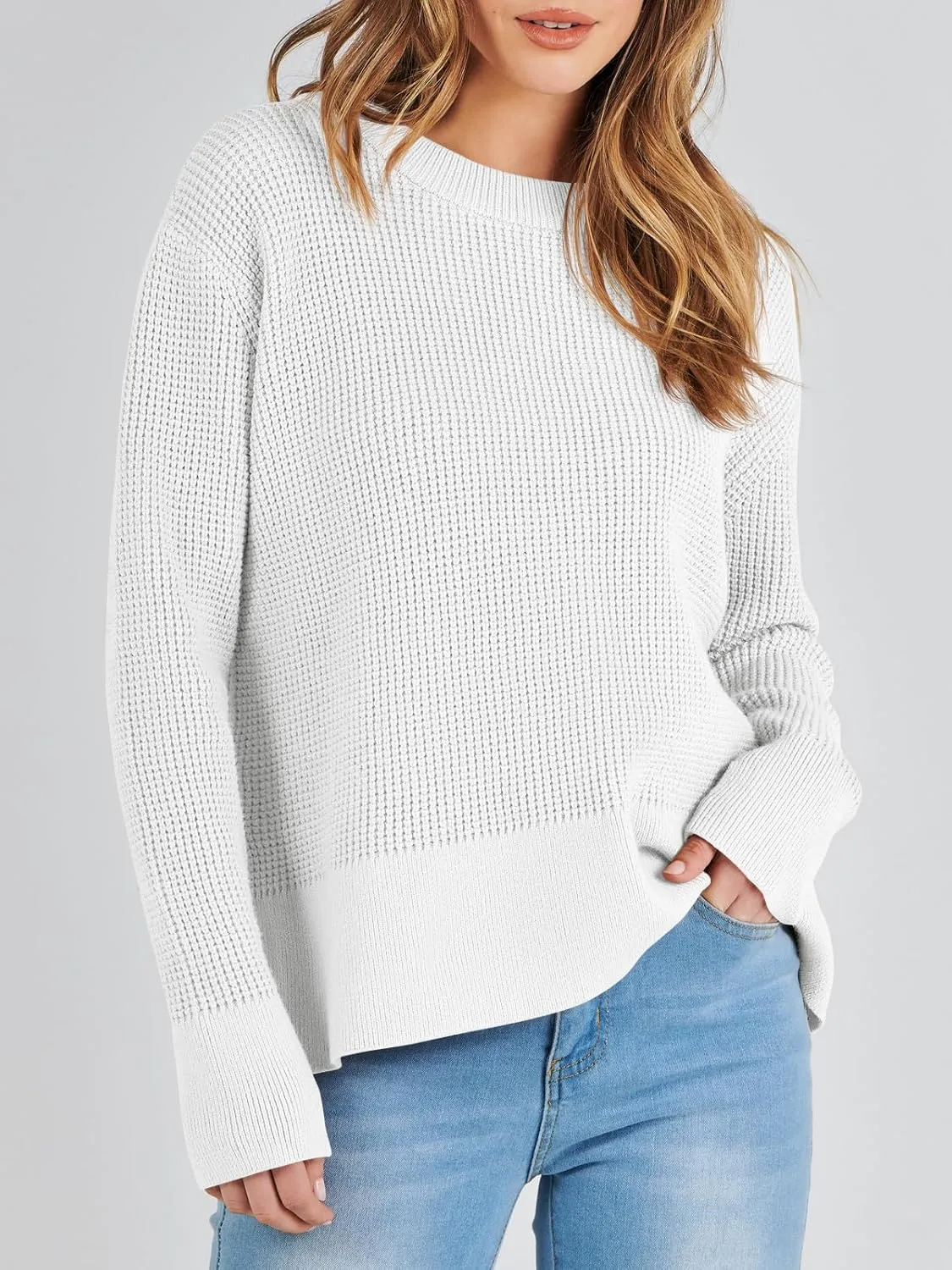 ANRABESS Womens Crewneck Long Sleeve Waffle Knit Casual Side Zipper Pullover Sweaters Top Thumbhole 2025 Fall Outfits