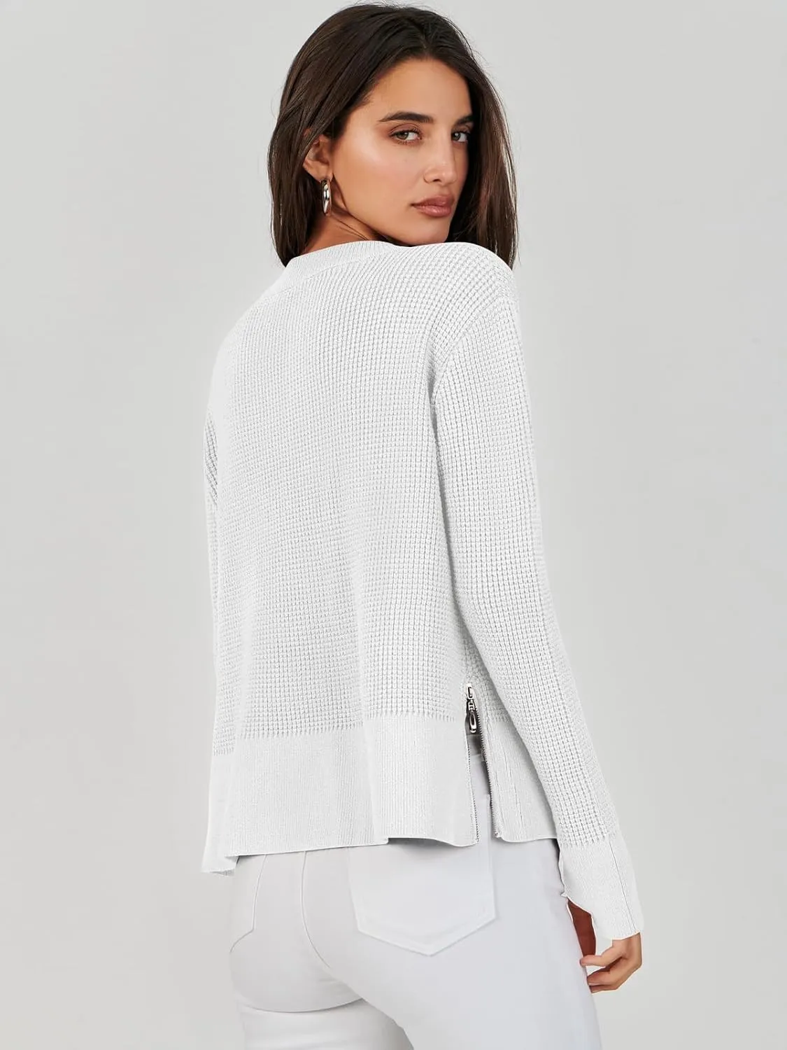 ANRABESS Womens Crewneck Long Sleeve Waffle Knit Casual Side Zipper Pullover Sweaters Top Thumbhole 2025 Fall Outfits