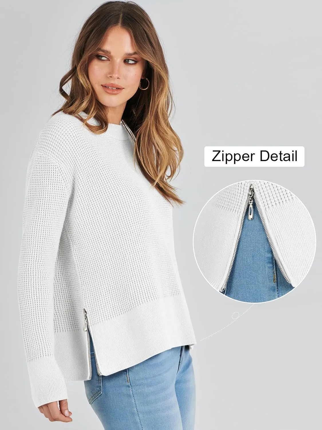 ANRABESS Womens Crewneck Long Sleeve Waffle Knit Casual Side Zipper Pullover Sweaters Top Thumbhole 2025 Fall Outfits