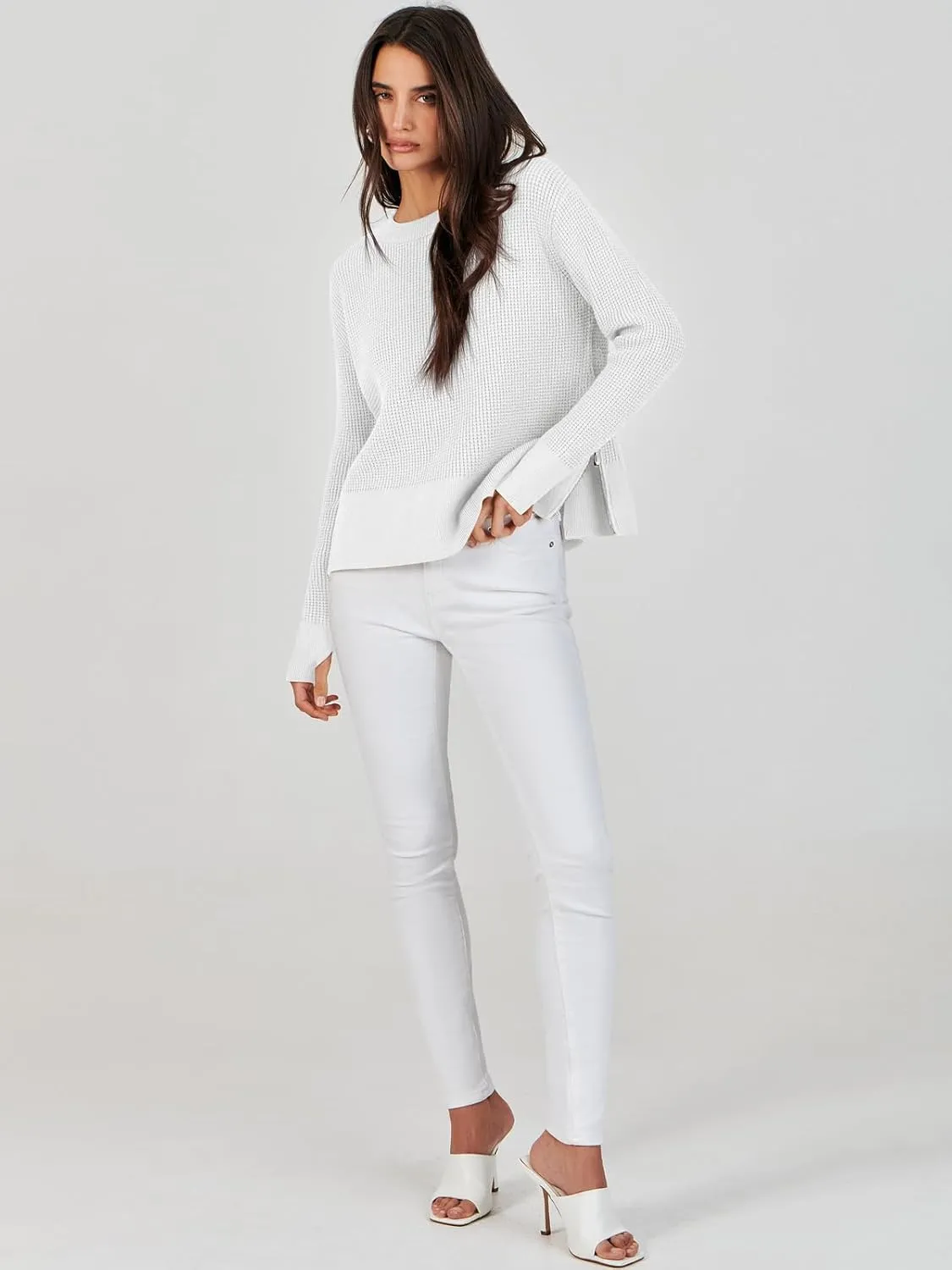 ANRABESS Womens Crewneck Long Sleeve Waffle Knit Casual Side Zipper Pullover Sweaters Top Thumbhole 2025 Fall Outfits