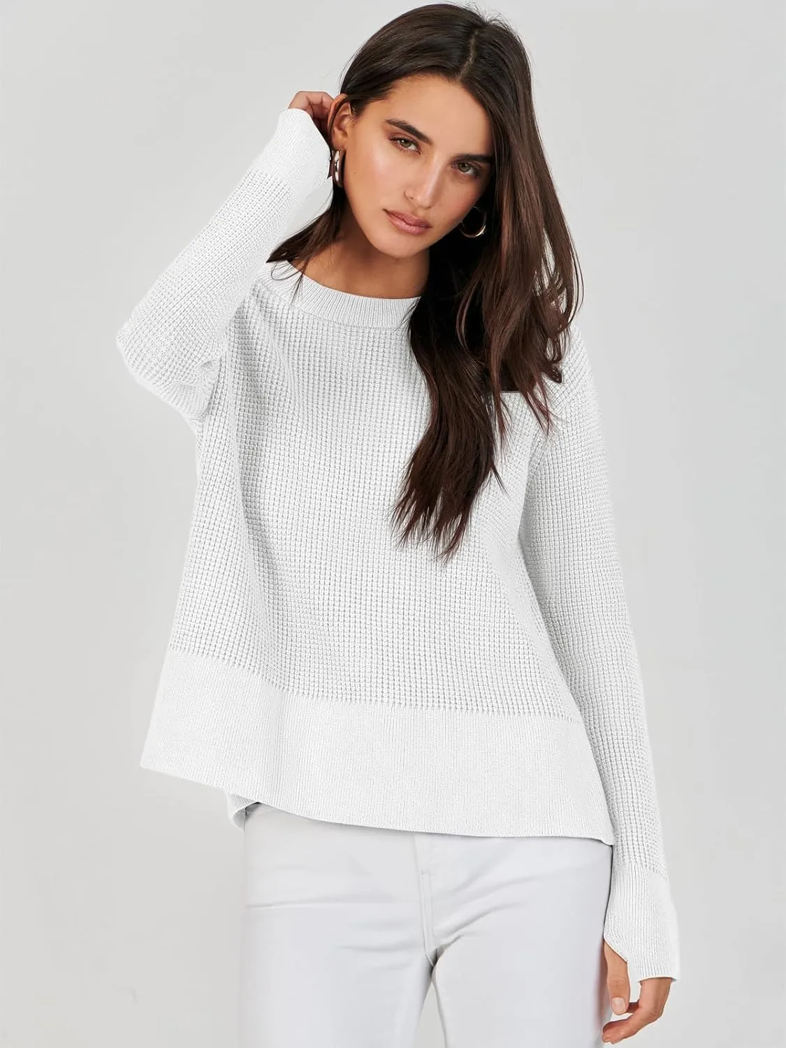 ANRABESS Womens Crewneck Long Sleeve Waffle Knit Casual Side Zipper Pullover Sweaters Top Thumbhole 2025 Fall Outfits