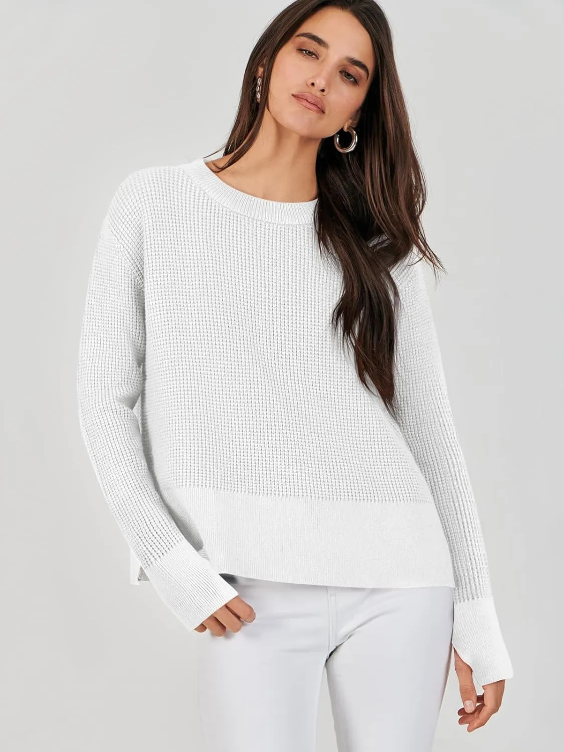 ANRABESS Womens Crewneck Long Sleeve Waffle Knit Casual Side Zipper Pullover Sweaters Top Thumbhole 2025 Fall Outfits