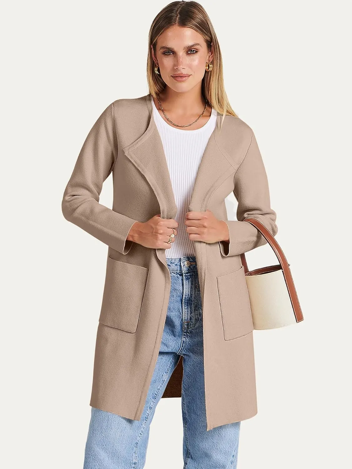 ANRABESS Women's Open Front Knit Lightweight Cardigan Casual Long Coatigan Sweater Lady Jacket Coat 2025 Fall Outerwear