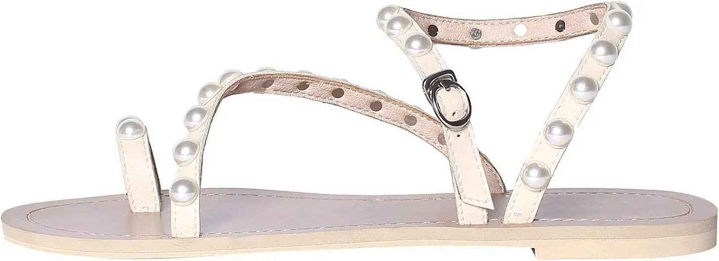 ANUFER Women's Bohemia Pearls Toe Ring Sandals/Slippers Summer Flat Flip Flops Beach Shoes