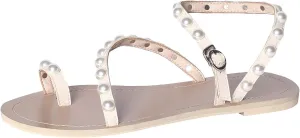 ANUFER Women's Bohemia Pearls Toe Ring Sandals/Slippers Summer Flat Flip Flops Beach Shoes