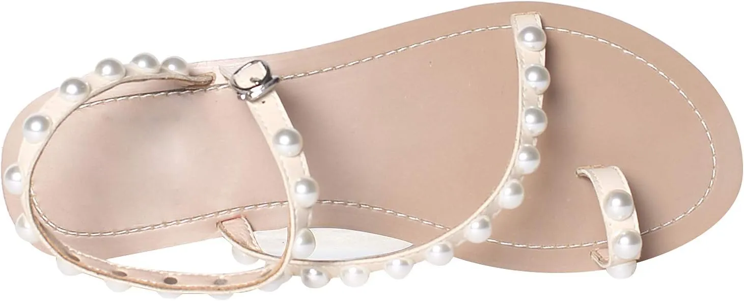 ANUFER Women's Bohemia Pearls Toe Ring Sandals/Slippers Summer Flat Flip Flops Beach Shoes