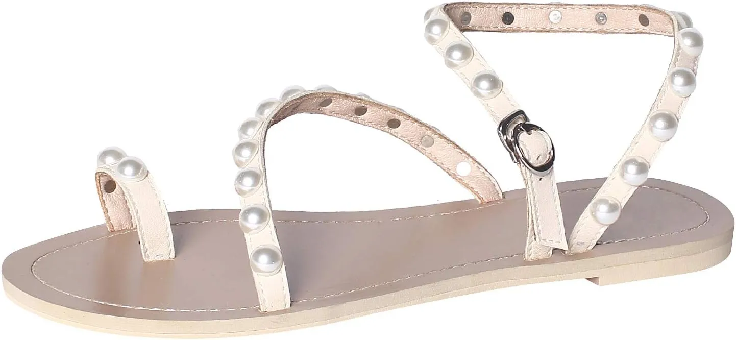 ANUFER Women's Bohemia Pearls Toe Ring Sandals/Slippers Summer Flat Flip Flops Beach Shoes
