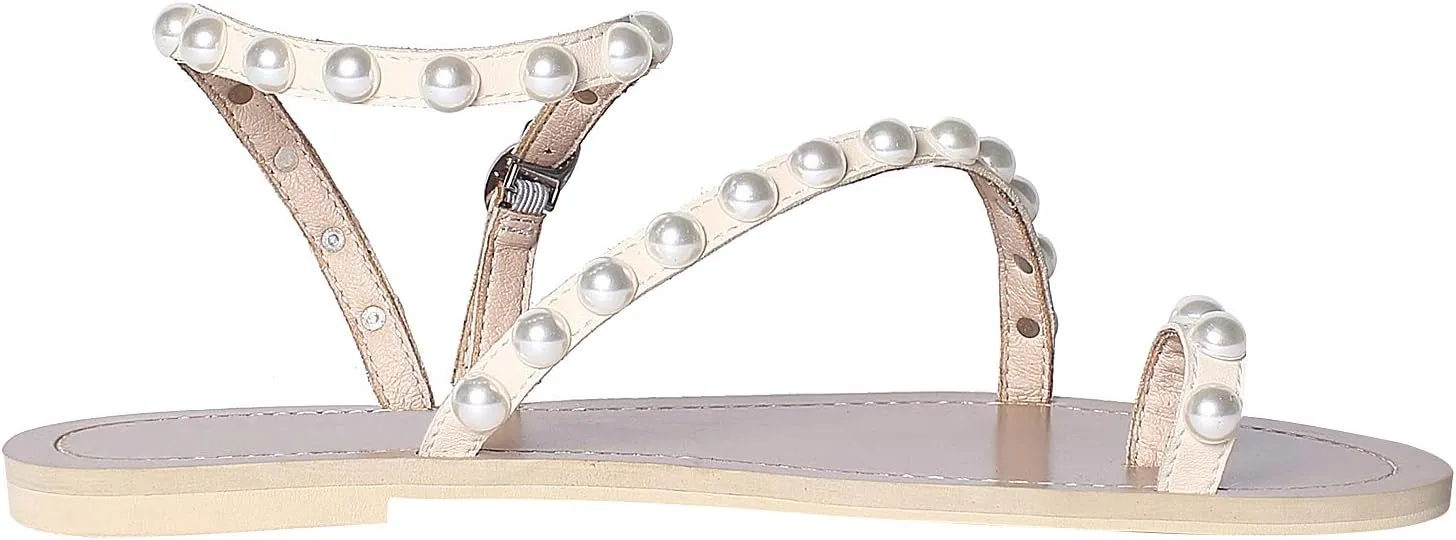 ANUFER Women's Bohemia Pearls Toe Ring Sandals/Slippers Summer Flat Flip Flops Beach Shoes