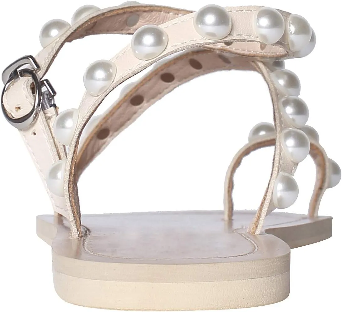 ANUFER Women's Bohemia Pearls Toe Ring Sandals/Slippers Summer Flat Flip Flops Beach Shoes
