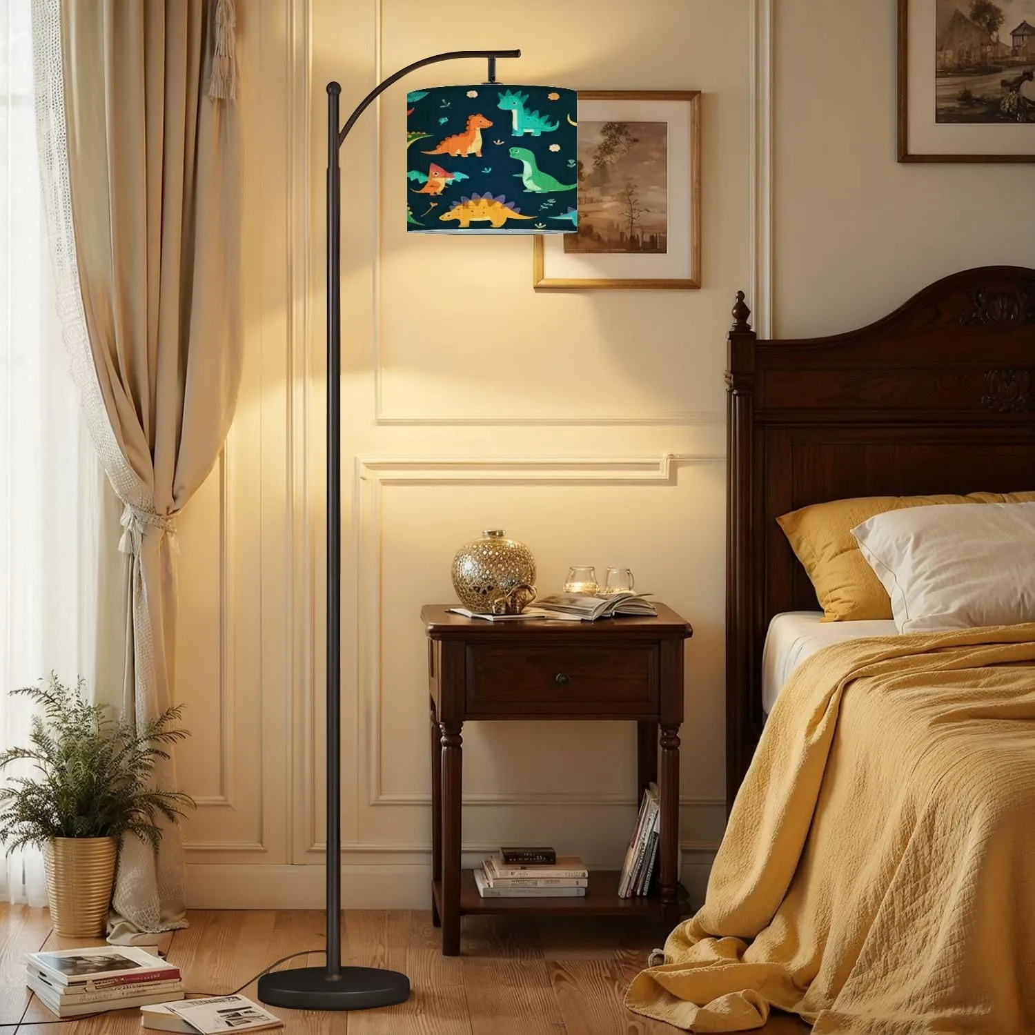 Arc Floor Lamps Collection Cute Dinosaurs Flat Cartoon Modern LED Adjustable Lampshade Standing Light for Living Room Reading Bedroom Office
