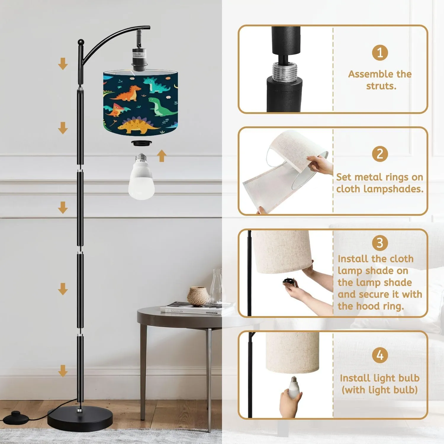 Arc Floor Lamps Collection Cute Dinosaurs Flat Cartoon Modern LED Adjustable Lampshade Standing Light for Living Room Reading Bedroom Office