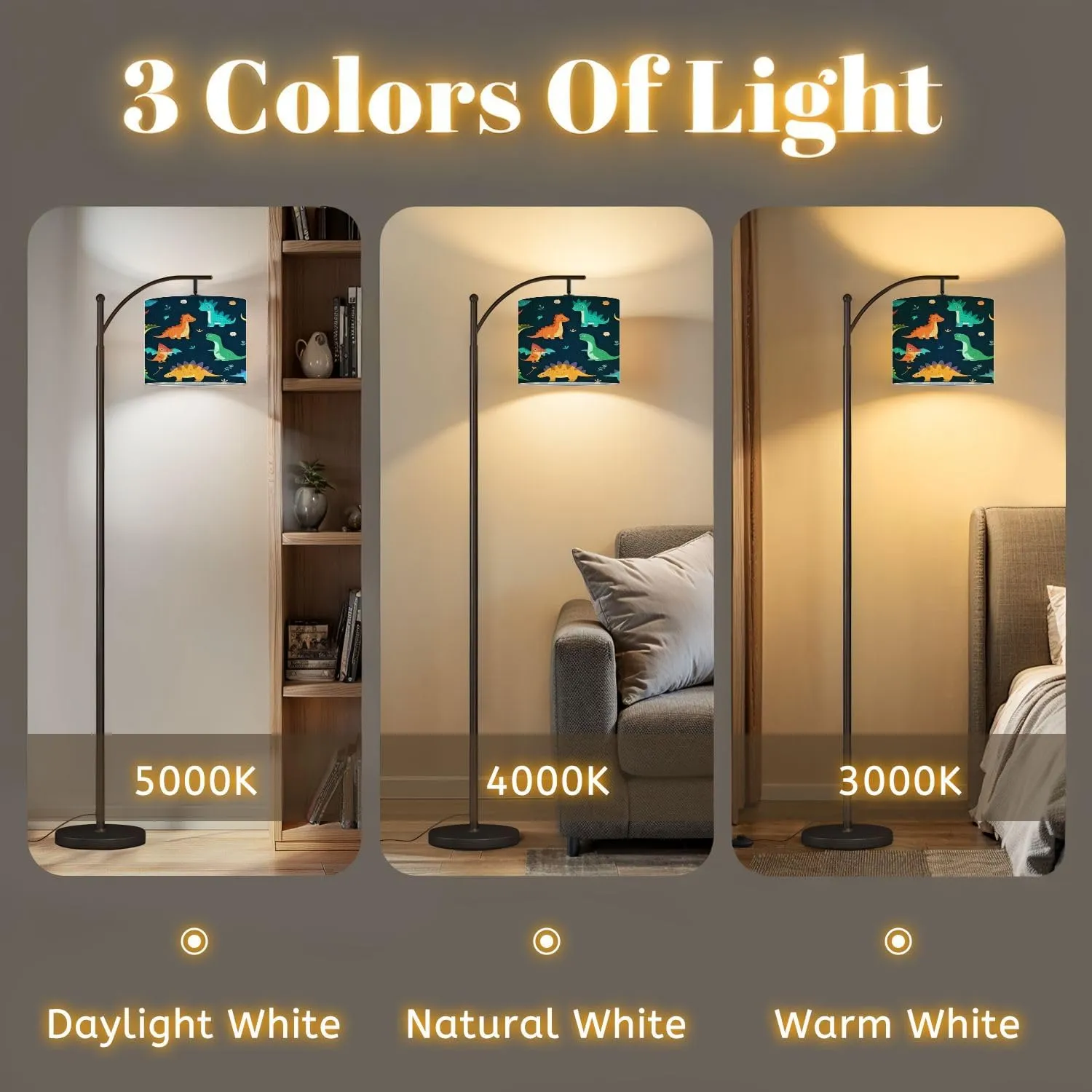 Arc Floor Lamps Collection Cute Dinosaurs Flat Cartoon Modern LED Adjustable Lampshade Standing Light for Living Room Reading Bedroom Office