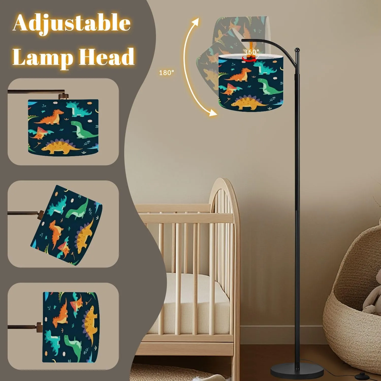 Arc Floor Lamps Collection Cute Dinosaurs Flat Cartoon Modern LED Adjustable Lampshade Standing Light for Living Room Reading Bedroom Office