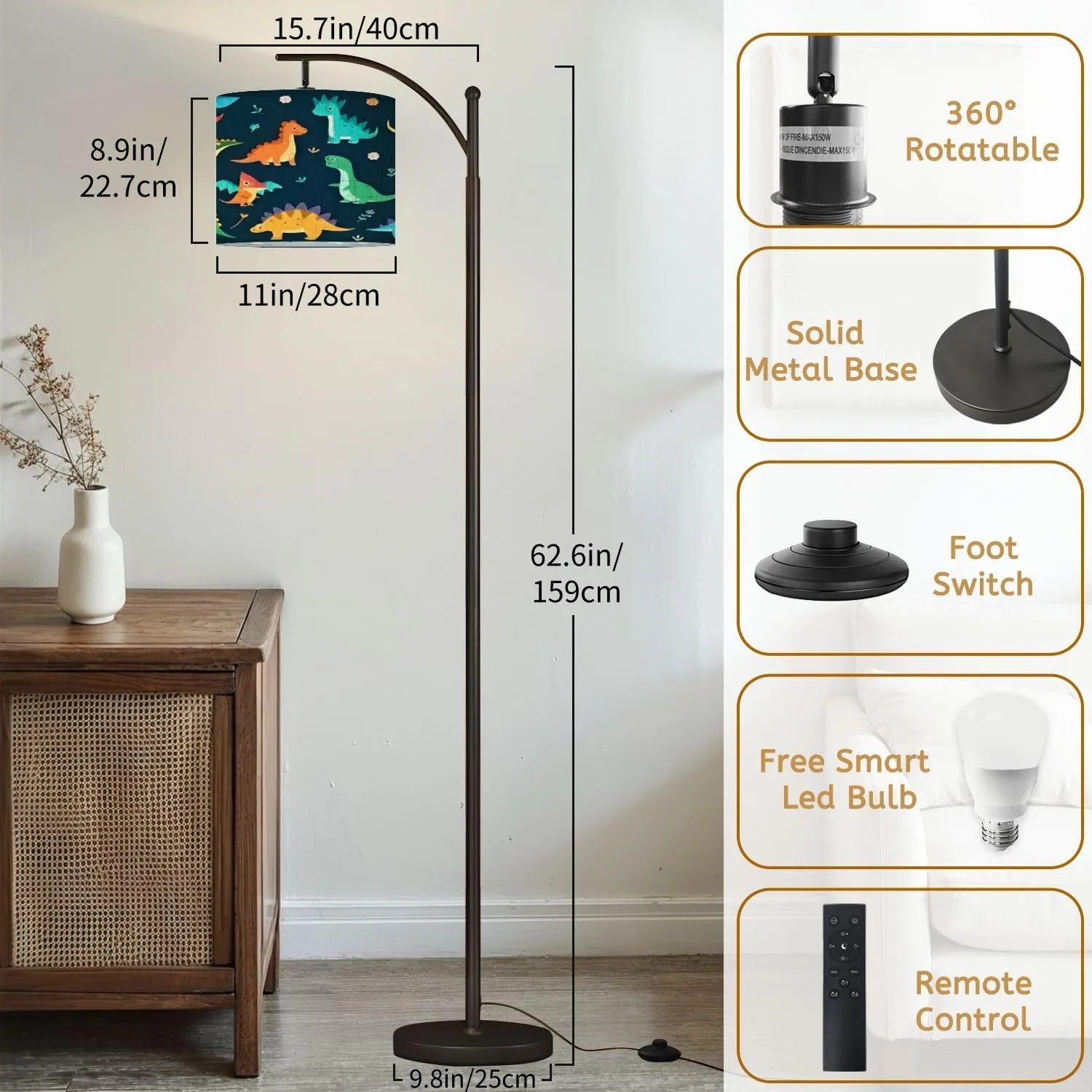 Arc Floor Lamps Collection Cute Dinosaurs Flat Cartoon Modern LED Adjustable Lampshade Standing Light for Living Room Reading Bedroom Office
