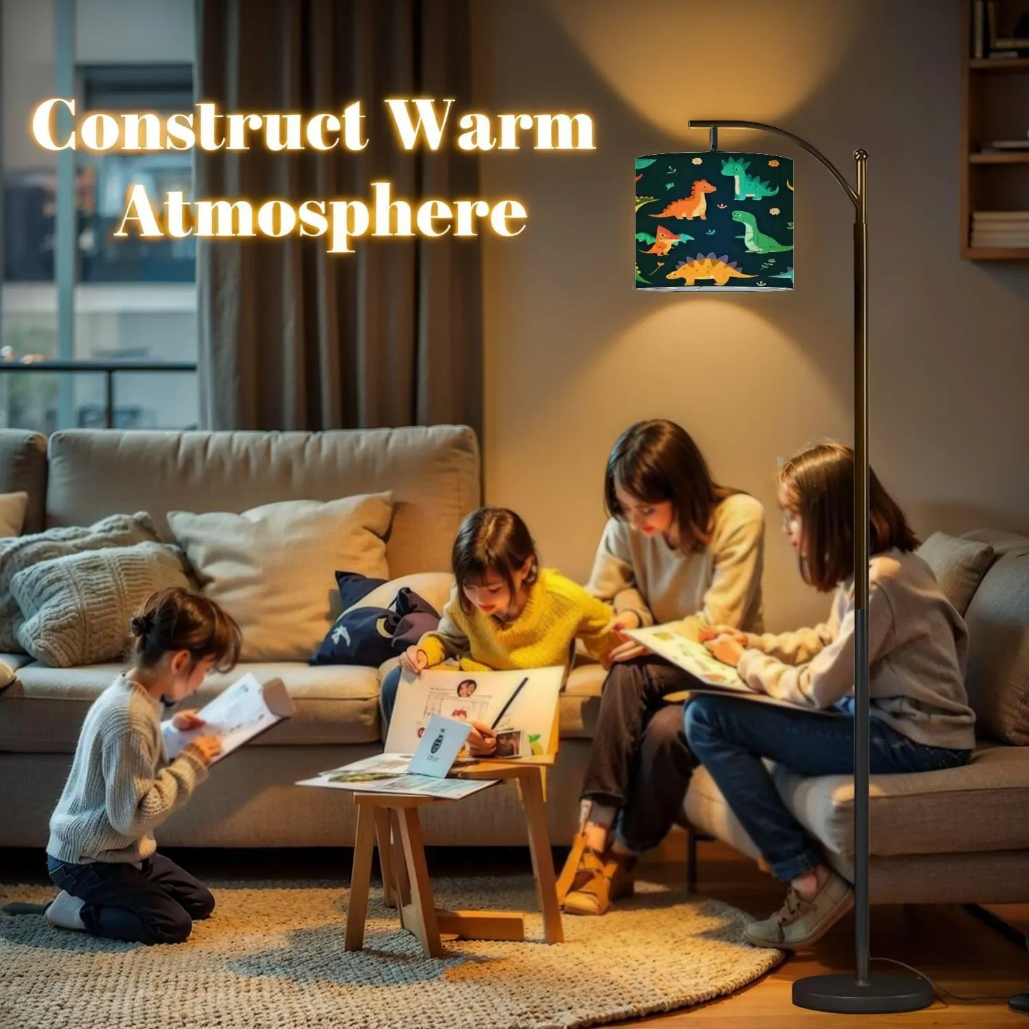 Arc Floor Lamps Collection Cute Dinosaurs Flat Cartoon Modern LED Adjustable Lampshade Standing Light for Living Room Reading Bedroom Office
