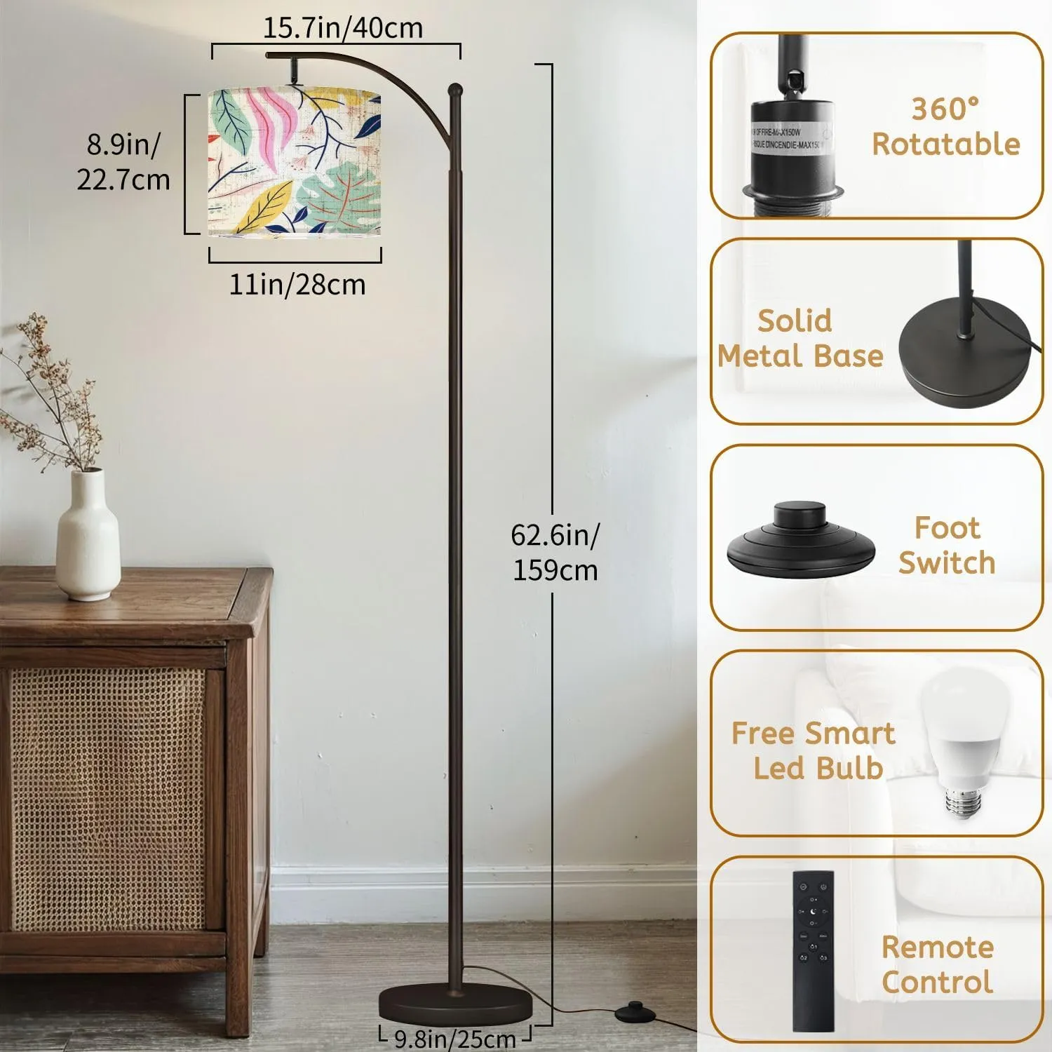 Arc Floor Lamps Flat Abstract Floral Modern LED Adjustable Lampshade Standing Light for Living Room Reading Bedroom Office