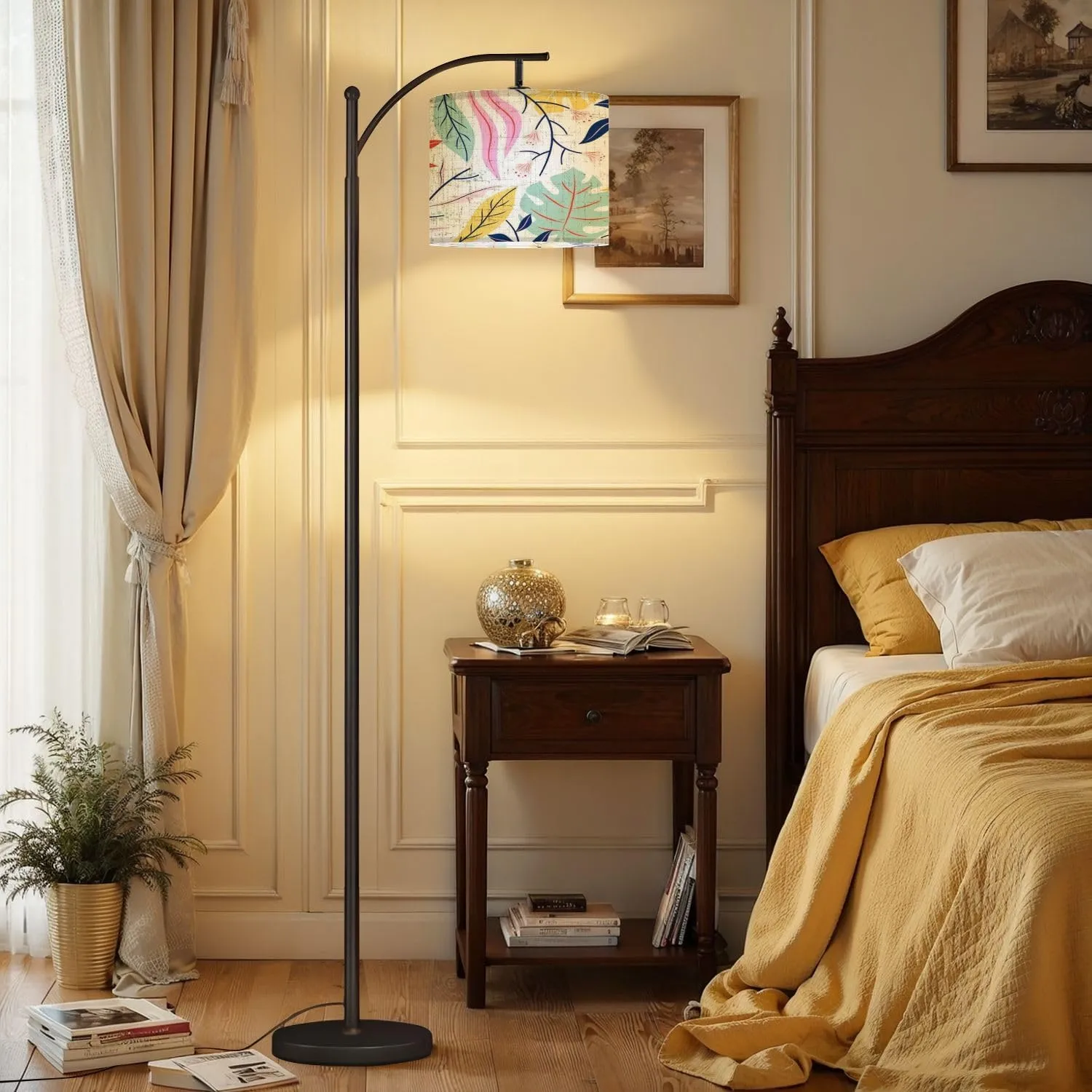 Arc Floor Lamps Flat Abstract Floral Modern LED Adjustable Lampshade Standing Light for Living Room Reading Bedroom Office