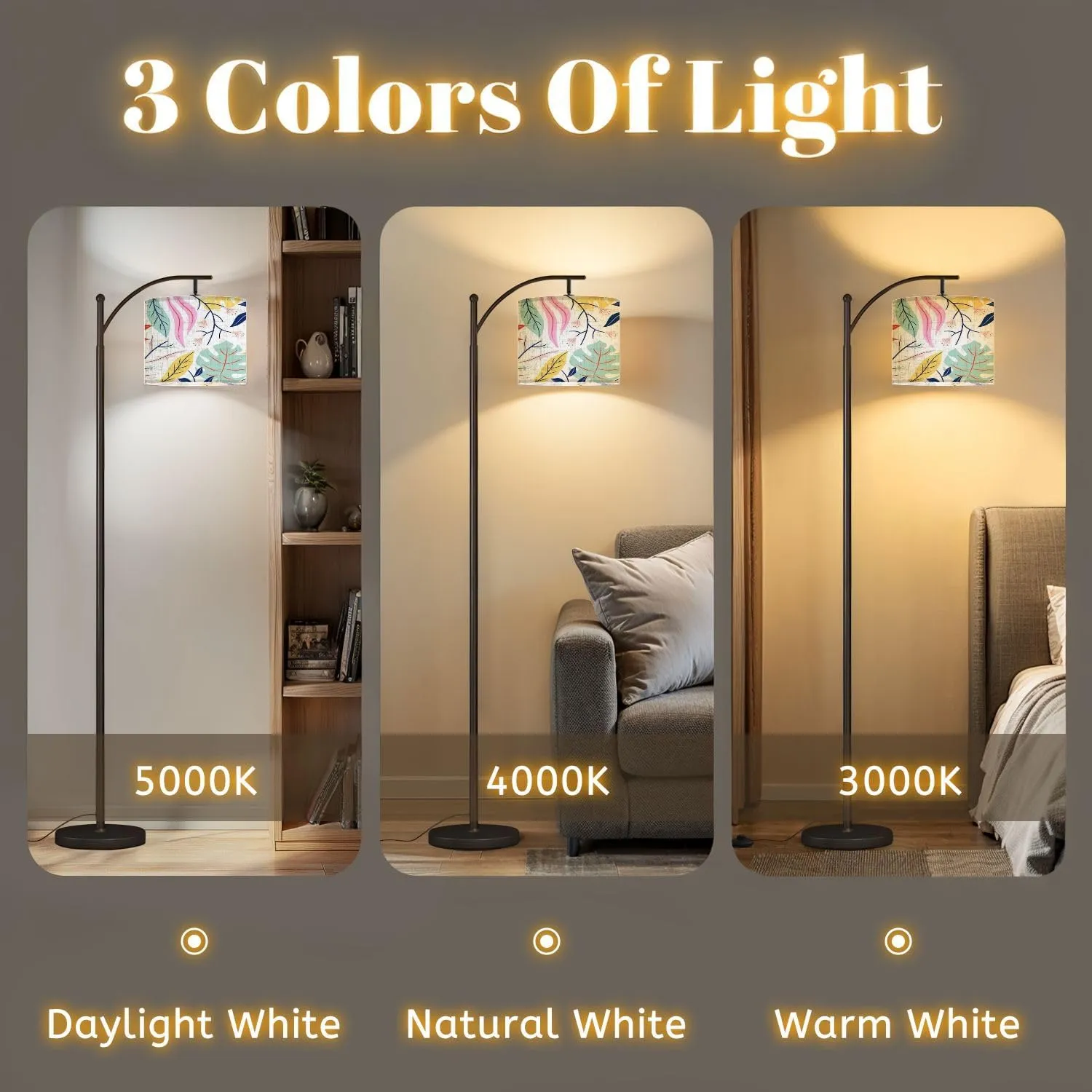 Arc Floor Lamps Flat Abstract Floral Modern LED Adjustable Lampshade Standing Light for Living Room Reading Bedroom Office