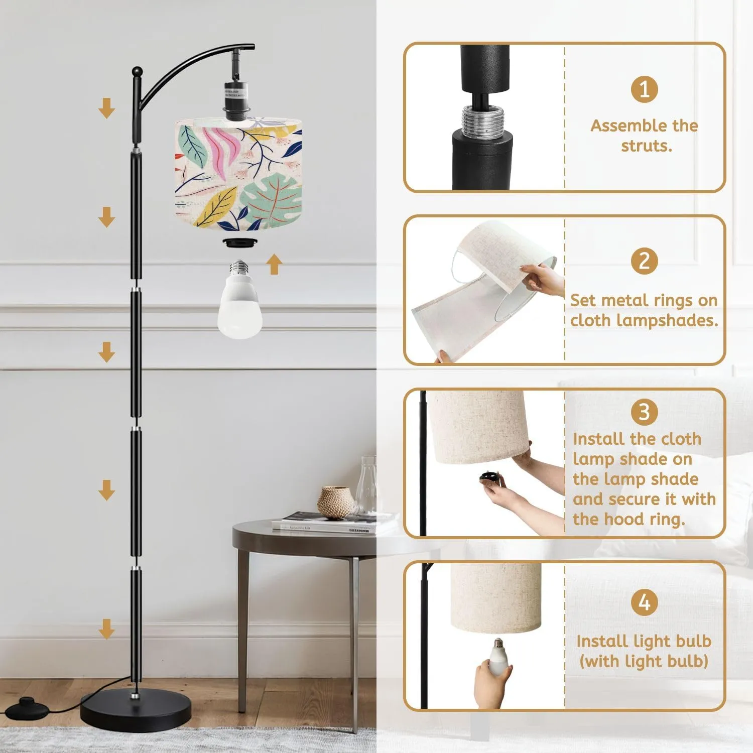 Arc Floor Lamps Flat Abstract Floral Modern LED Adjustable Lampshade Standing Light for Living Room Reading Bedroom Office
