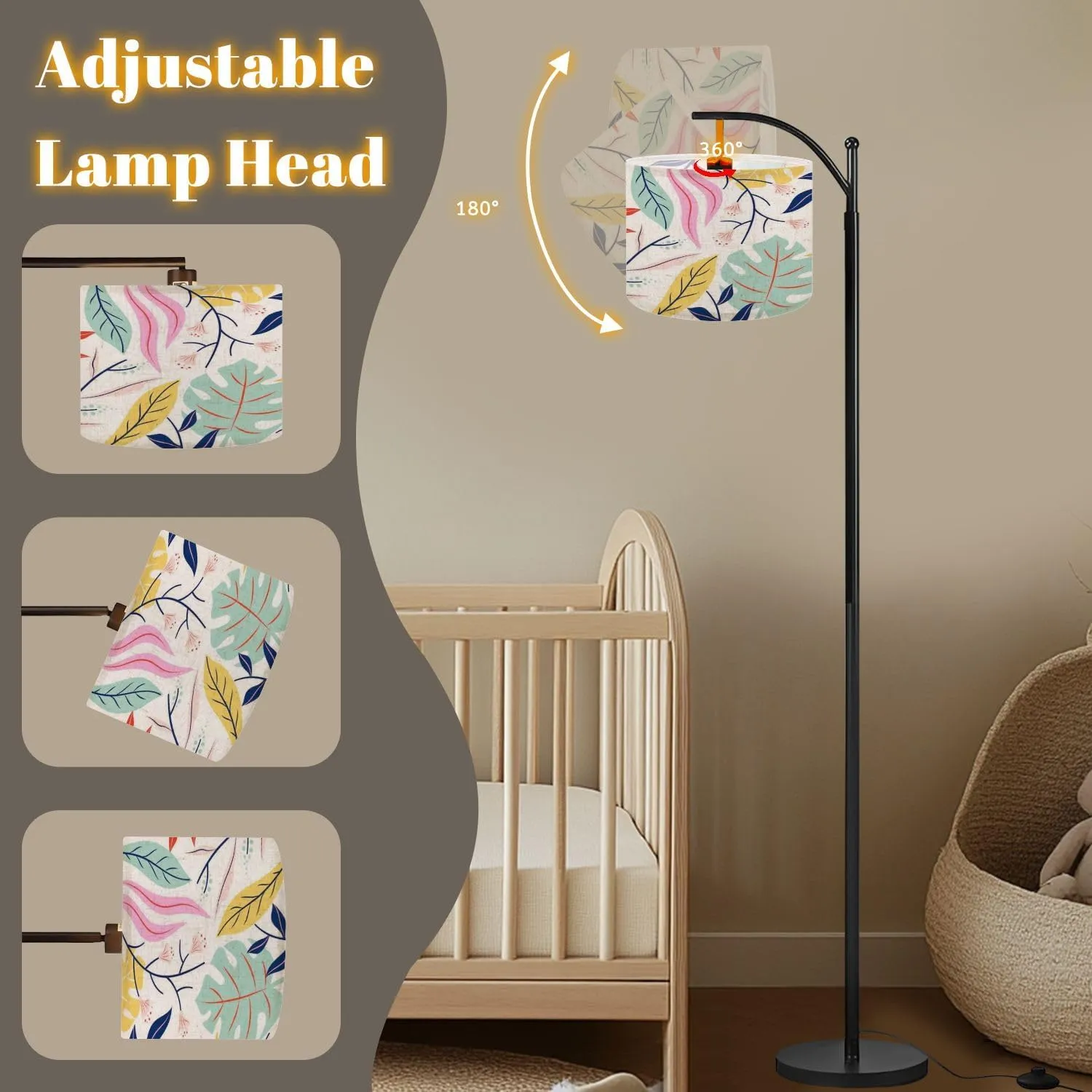 Arc Floor Lamps Flat Abstract Floral Modern LED Adjustable Lampshade Standing Light for Living Room Reading Bedroom Office