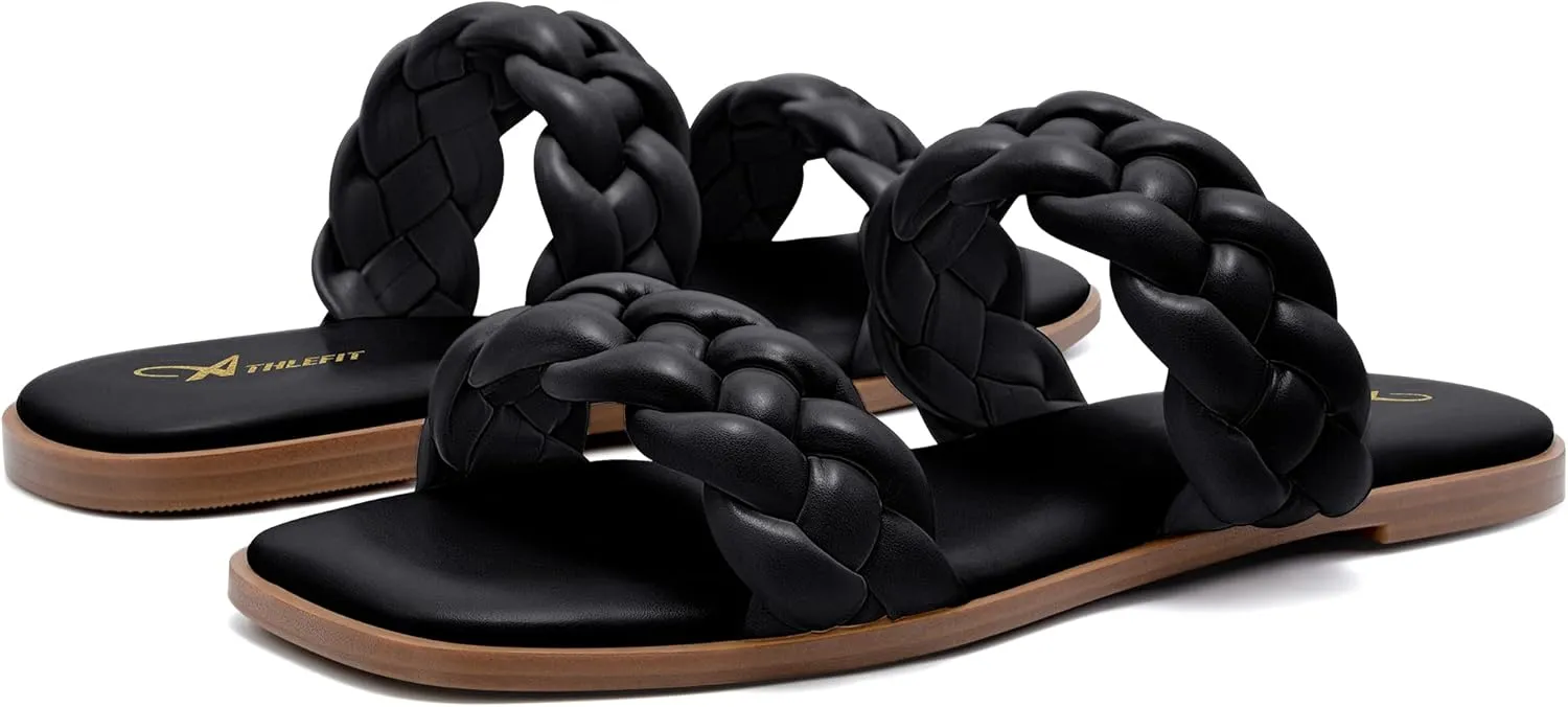 Athlefit Women's Square Open Toe Braided Sandals Slip On Low Block Heel Slide Sandals
