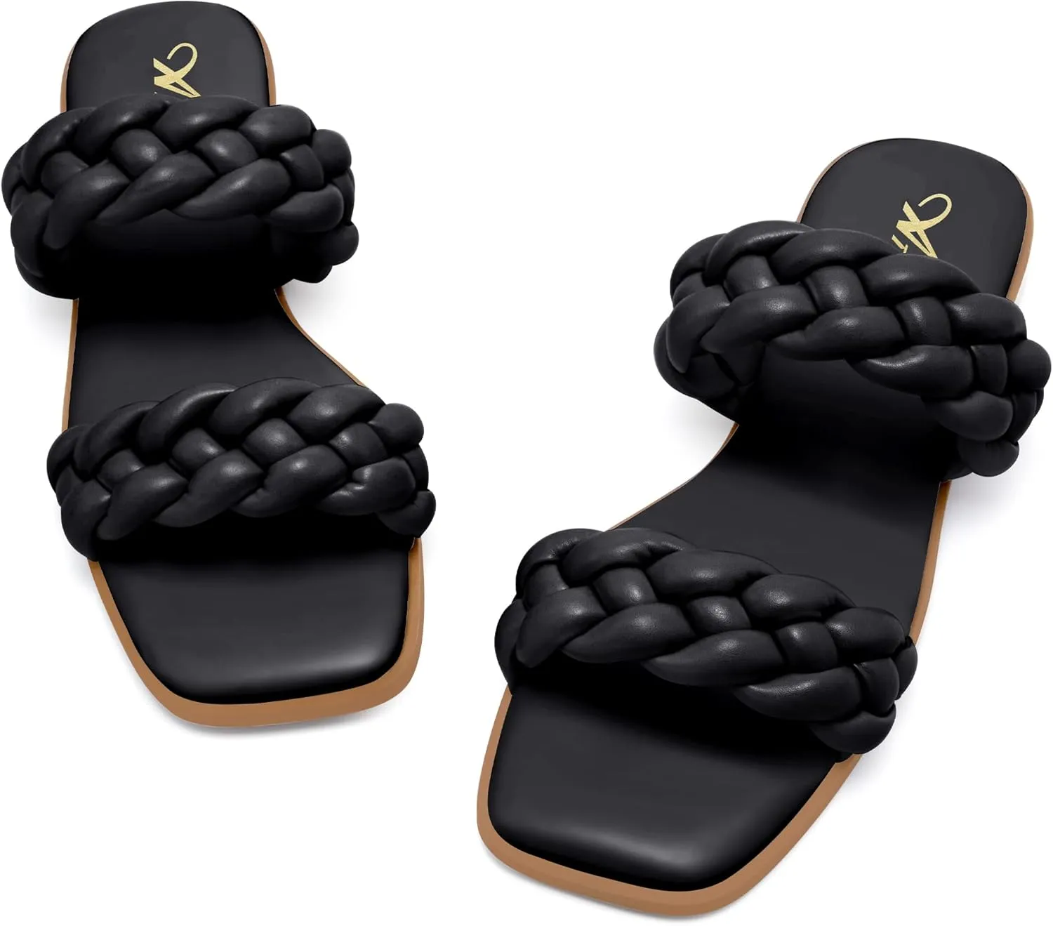 Athlefit Women's Square Open Toe Braided Sandals Slip On Low Block Heel Slide Sandals