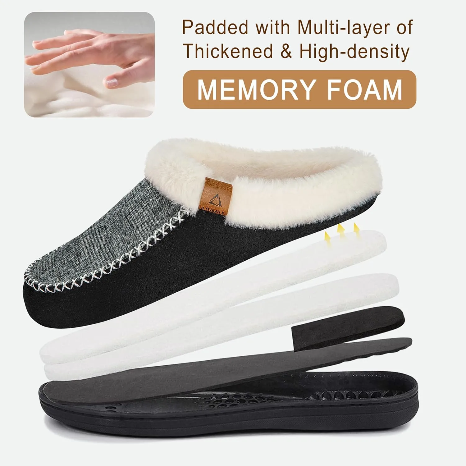 ATHMILE Men's Slippers Slip On Moccasin, Indoor Outdoor Warm Fuzzy Comfy House Shoes, Fluffy Wide Loafer Home Bedroom Slippers