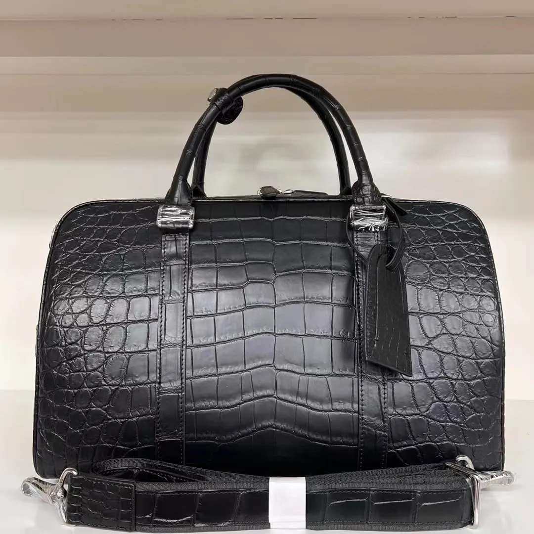 Authentic Exotic Crocodile Belly Skin Men's Large Travel Duffel Purse Shoulder Bag Genuine Real Alligator Leather Male Handbag (black)