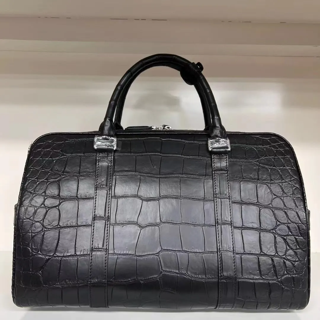 Authentic Exotic Crocodile Belly Skin Men's Large Travel Duffel Purse Shoulder Bag Genuine Real Alligator Leather Male Handbag (black)