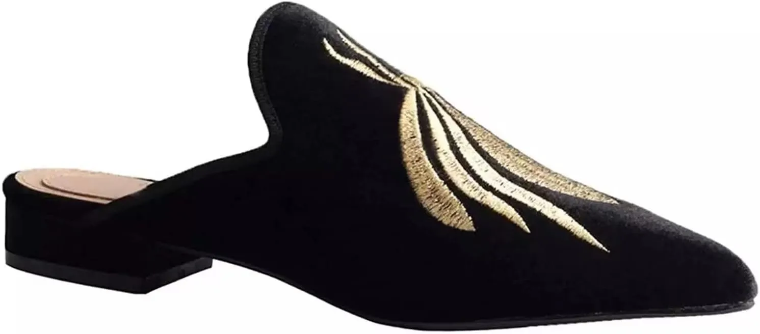 Axellion Comfortable Embroidered Mules for Women, Slip-on Backless Loafers with Pointed Toe, Stylish Flat Slides for Casual & Business Wear