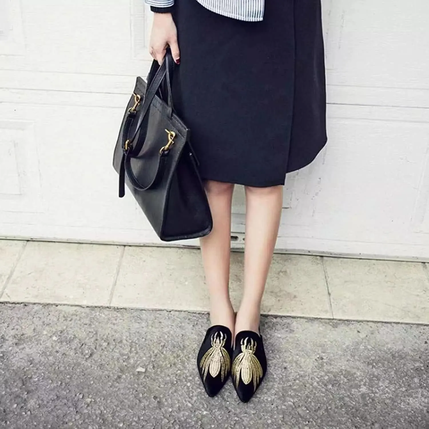 Axellion Comfortable Embroidered Mules for Women, Slip-on Backless Loafers with Pointed Toe, Stylish Flat Slides for Casual & Business Wear