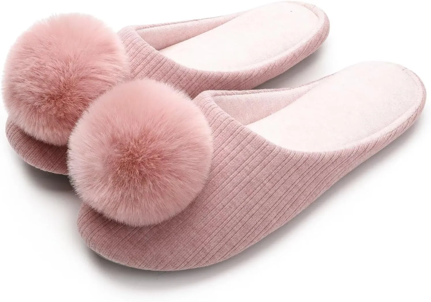 Ballerina Slippers for Women with Pom-pom Soft House Shoes Indoor Slip On with Flexible Rubber Sole