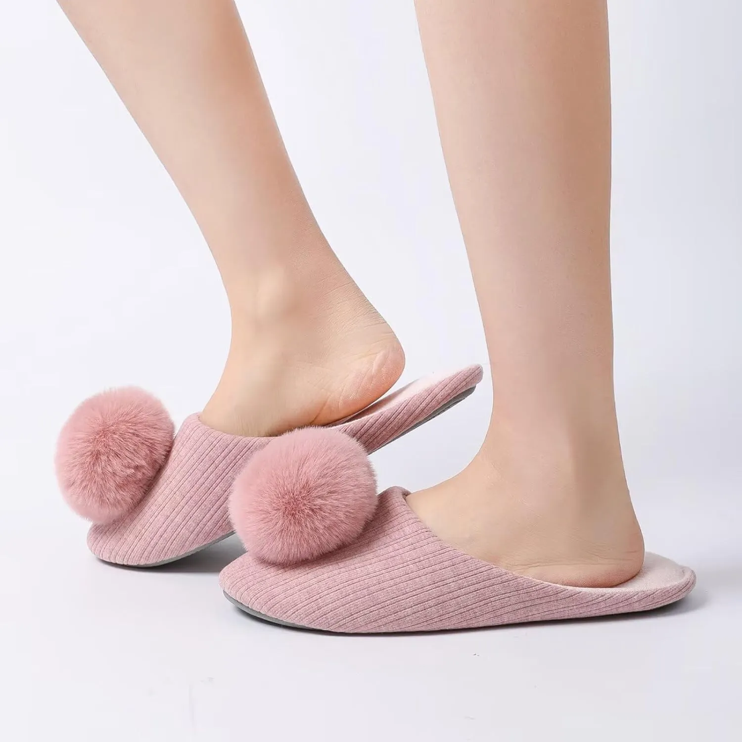 Ballerina Slippers for Women with Pom-pom Soft House Shoes Indoor Slip On with Flexible Rubber Sole