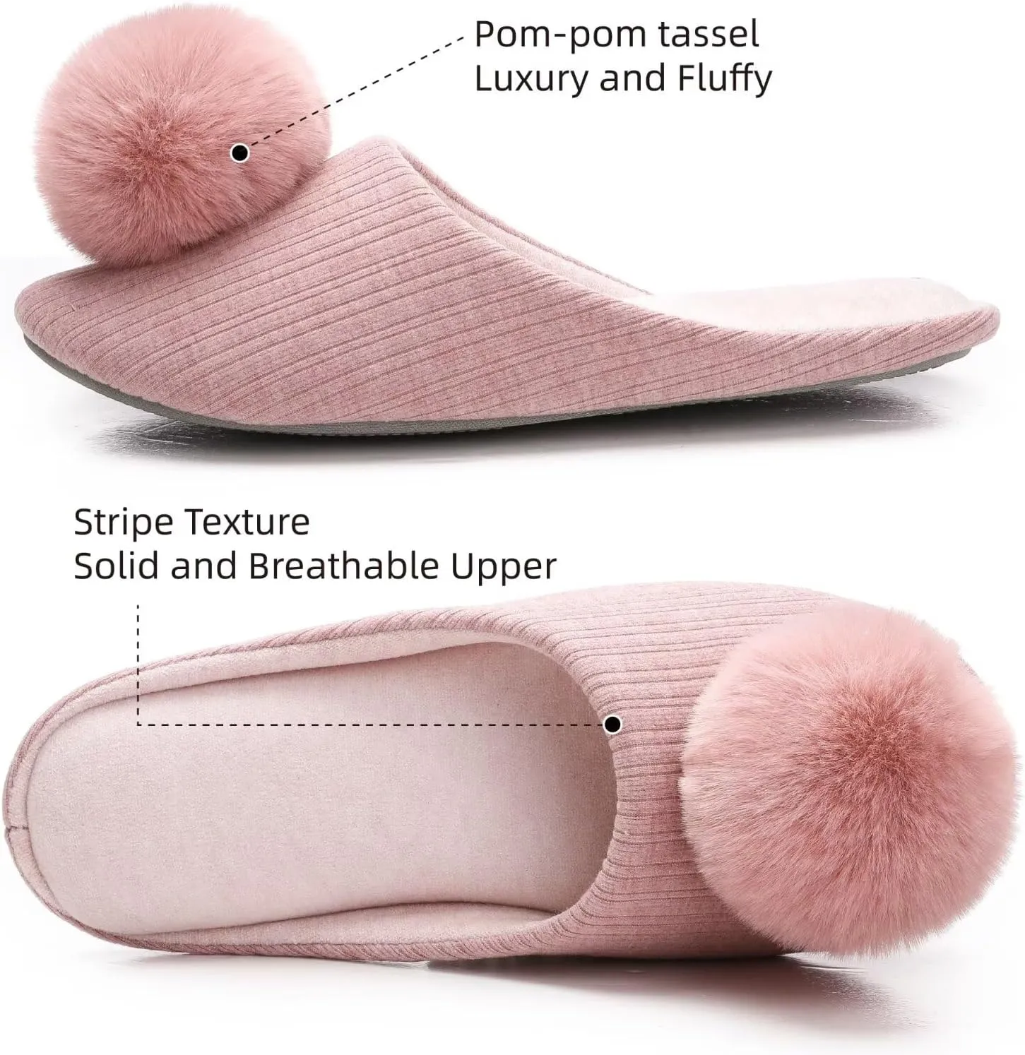 Ballerina Slippers for Women with Pom-pom Soft House Shoes Indoor Slip On with Flexible Rubber Sole