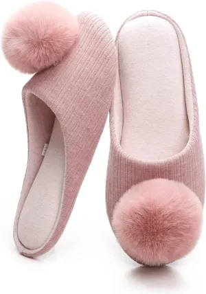 Ballerina Slippers for Women with Pom-pom Soft House Shoes Indoor Slip On with Flexible Rubber Sole