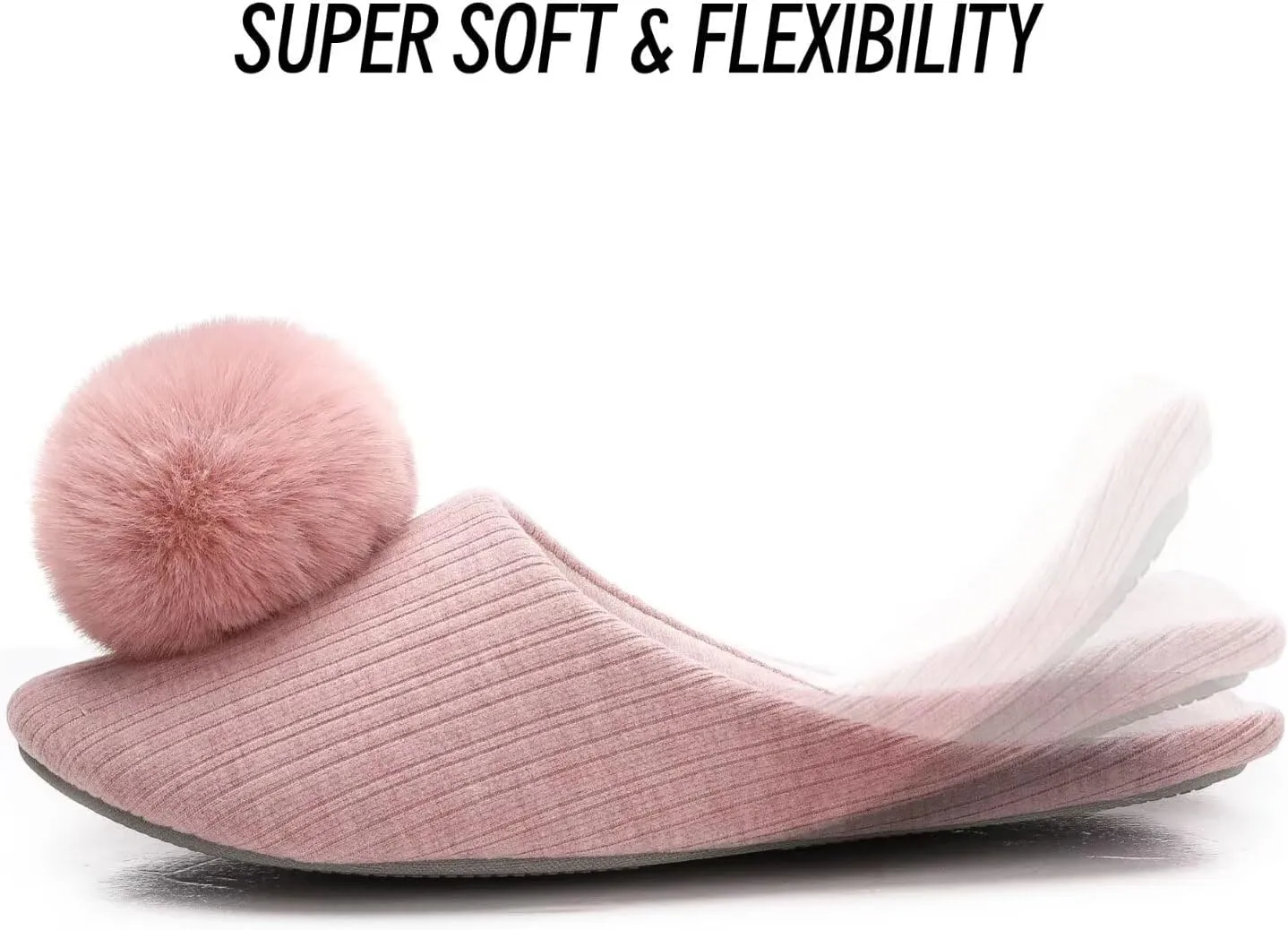 Ballerina Slippers for Women with Pom-pom Soft House Shoes Indoor Slip On with Flexible Rubber Sole