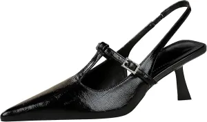 baobeijiadao Womens Pointed Toe Heels Slingback Slip On Pumps Close Toes T Strap Heeled Sandals Kitten Heel Dress Shoes for Women